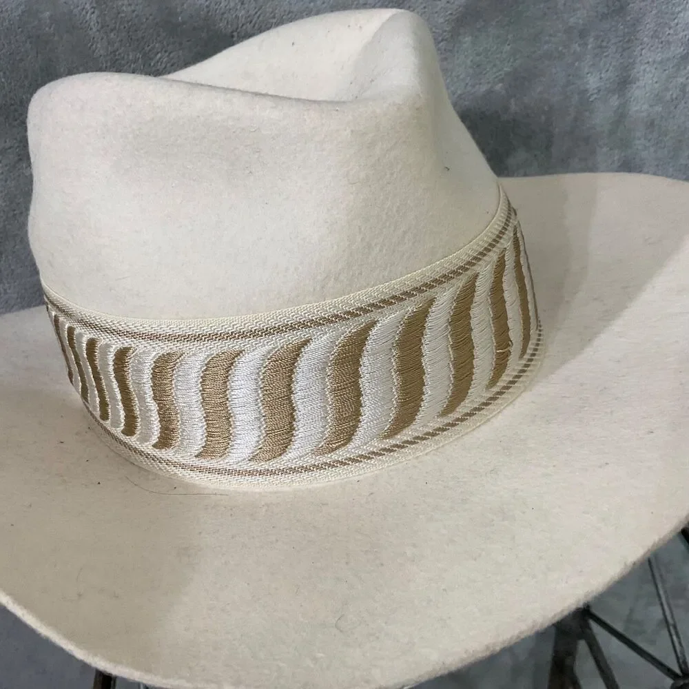 Olive & Pique off white Wool Felt Wide Brim Rancher Hat Tan Band Adjustable OSFM